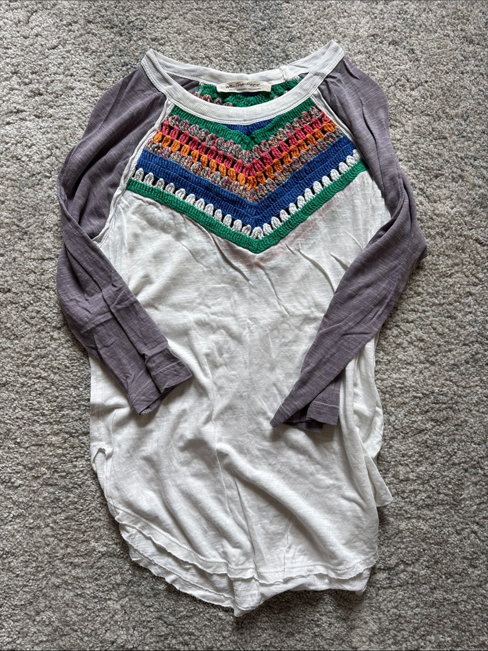 We The Free White Raglan Top with Gray Sleeves and Multicolor Crochet V-Yoke